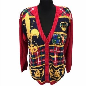 Chaus Coat of Arms Cardigan Sweater, Red, Small